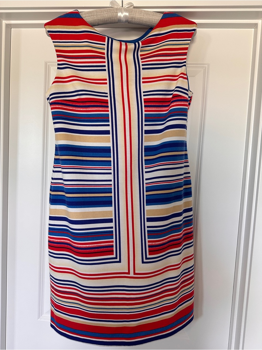 London Times Sleeveless Stripe Shift Dress in Red, Blue & Cream
